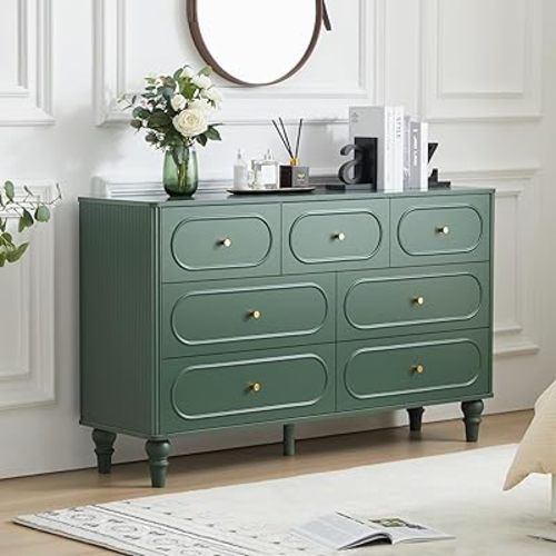 ORRD 7 Drawer Fluted Dresser for Bedroom, Mid Century Modern Chest of Drawers, Wood Storage Large Dresser Organizer for Bedroom Living Room Hallway Closet, Green