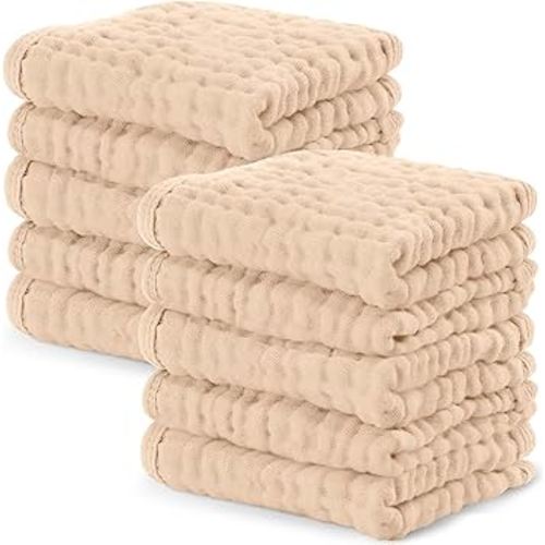 Comfy Cubs Muslin Baby Washcloths 10 Pack - Soft 6-Layer Cotton Wash Cloths for Sensitive Skin - 10"x10" Large, Gentle, Absorbent Infant Essentials for Newborn and Toddlers - Cream