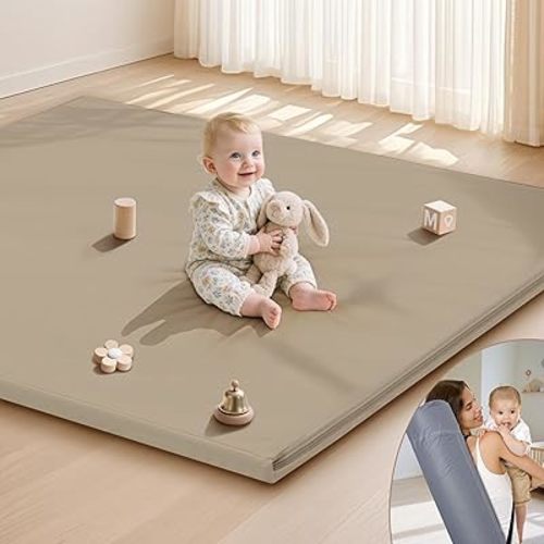 Baby Play Mat 47x47 Inches, Extra Thick 1.2" Foam Floor Mat for Tummy Time & Crawling, Waterproof Non-Slip Faux Leather Playpen Mat for Infants Toddlers, Indoor Outdoor Gym Activity, Brown