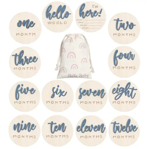 3D Baby Monthly Milestone Card Signs Baby Announcement Sign 7 Pack Double Sided Hello World Newborn Signs Wooden Circles Discs for Welcome Newborn Shower Boy Girl Photo Props(Slate Blue)