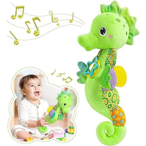 Baby Toys 0 to 12 Months, Musical Stuffed Animal Activity Soft Toys with Multi-Sensory Crinkle, Rattle and Textures, Infant Tummy Time Toys for Newborn Boys Girls, Seahorse, Green