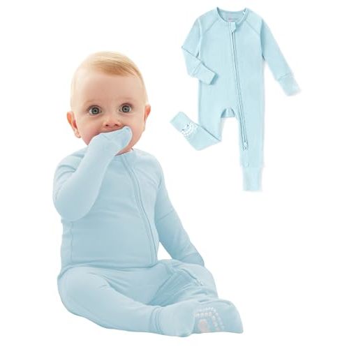 PATPAT Organic Cotton Baby Footie Pajamas with Two-Way Zipper & Fold-Over Mittens, Soft Stretchy Romper for Newborn Boy Girl