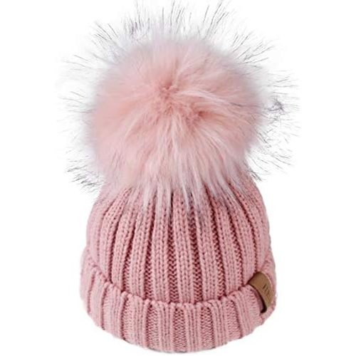 Furtalk Kids Winter Hat Toddler Knitted Pom Beanie Hat Cotton Lined Faux Fur Pom Cap Baby Girls Boys Beanies