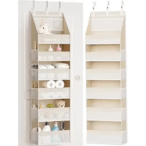 Criusia Over the Door Organizer, 6-Shelf Closet Hanging Storage with 13 Mesh Pockets, 55lbs Capacity Behind the Door Storage for Baby Nursery, Bathroom, Bedroom, and Dorm, Beige