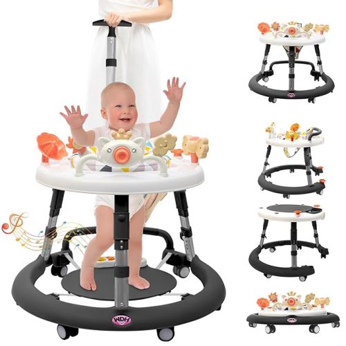 4 in 1 Baby Walker, Baby Walker with Wheels & 4 Heights Adjustable, Foldable Baby Walker Include Musical Toy Tray and PVC Pedals, Baby Walkers for Babies 6-18 Months Black
