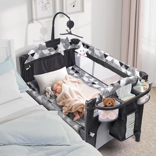 Xilingol 5-in-1 Baby Bassinet Bedside Sleeper, Baby Pack and Play with Changing Table, Portable Baby Crib with Carry Bag, Cosleeper Bassinet Attach to Bed for Newborn to Toddlers