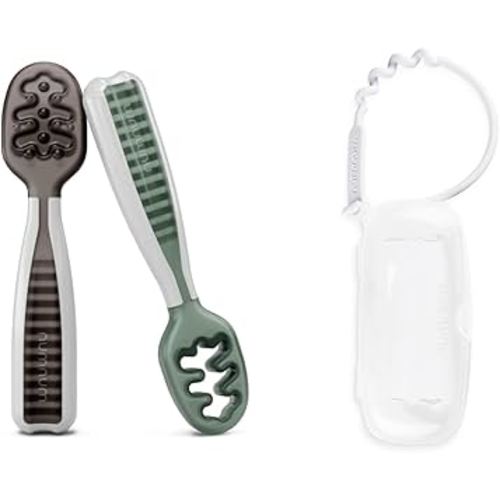NumNum Baby Spoons Set, Pre-Spoon GOOtensils for Kids Aged 6+ Months - First Stage, Baby Led Weaning (BLW) Spoon Gray/Green + Travel Case for Pre-Spoon GOOtensils for Kids Aged 6+ Months