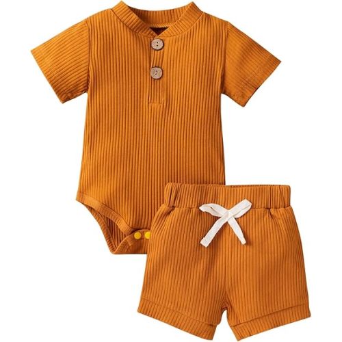 Newborn Baby Boy Girl Clothes 3 6 9 12 18 Months Ribbed Knit Short Sleeve Romper Shorts Set Infant Summer Outfits