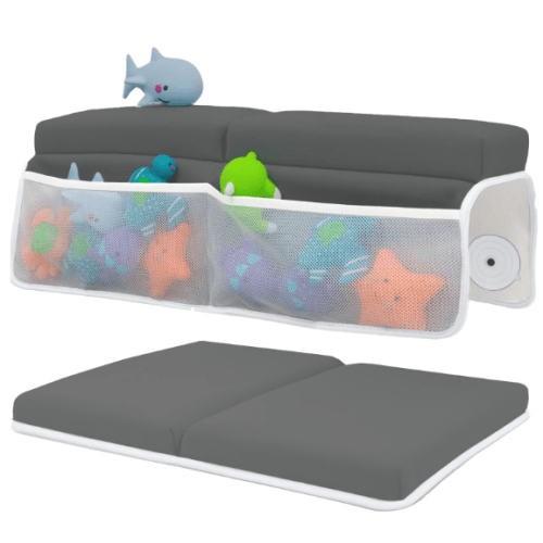 Baby Bath Kneeler and Elbow Rest Pad Set - Baby Bath Support for Knees and Elbows - Bath Kneeler Pad with Memory Foam and Bath Toy Organizer - Bath Kneeling Pad for Bathing Baby - Dark Grey