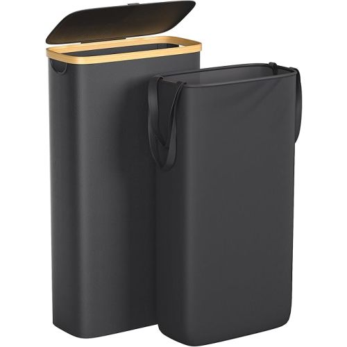 Slim Laundry Hamper, 60L Waterproof Narrow Laundry Basket with Lid and Removable Bag, Collapsible Tall Clothes Hamper with Bamboo Handles for Clothes Toys in Dorm Bedroom Bathroom, Black