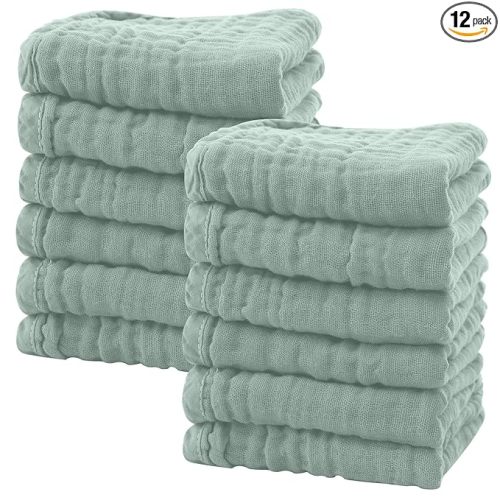 SWEET DOLPHIN 12 Pack Baby Muslin Washcloths - Soft Face Cloths for Newborn, Absorbent Bath Wash Cloths, Wipes, Burp Rag - Toddlers Essentials Stuff, Baby Registry as Shower -10"x10", Green