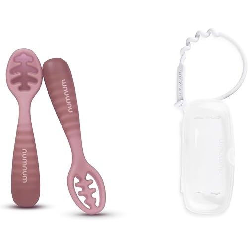 NumNum Baby Spoons Set, Pre-Spoon GOOtensils for Kids Aged 12+ Months - First Stage, Baby Led Weaning (BLW) Spoon Mauve + Travel Case for Pre-Spoon GOOtensils for Kids Aged 6+ Months