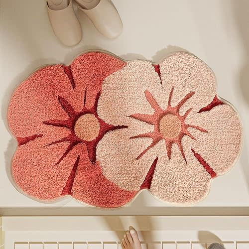 Dual Pink Floral Shaggy Bathroom Rug - Irregular Shaped Art Bath Mat, Water Absorbent Non-Slip Microfiber Flowers for Tub, Shower Floor - Lovely Indoor Accent Rug 18x27.5inch