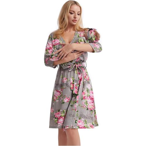 Galabloomer Maternity Robe and Baby Receiving Blanket, Matching Mommy Labor Delivery Robe and Swaddle Set Gray