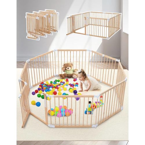 Kidirect Wooden Playpen Foldable, Baby Gate Playpen Pre-Assemble, Extra Large Play Pen for Babies and Toddlers, Foldable Play Pen with Adjustable Shape Indoor Outdoor, Baby Fence Activity Center