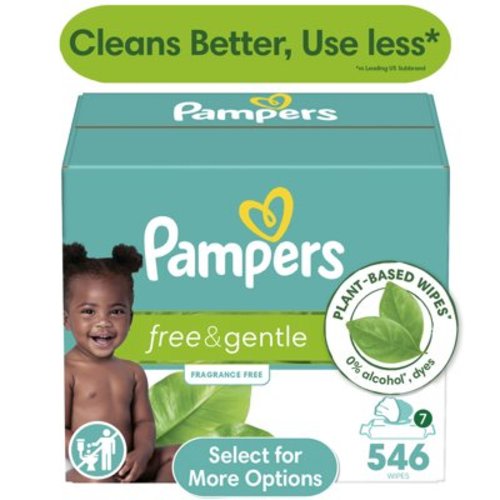 Pampers Free & Gentle Baby Wipes, 99% Water, Hypoallergenic, Unscented, 100% Plant Based, Plastic-Free Baby Wipes, 546 Baby Wipes Total (7X Flip-Top Packs)