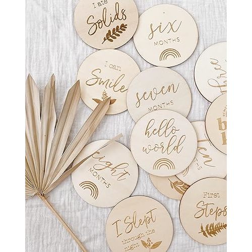 Baby Monthly Milestone Wooden Discs 12 Double Sided (24 Designs) Cards, Hello World Sign, Newborn Photo Props, Welcome Announcement, Hospital Birth Gift, Pregnancy Journey, Age Blocks