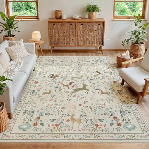 6x9 Area Rugs for Living Room Floral Animal Print Carpet Washable Non-Slip Large Rug Low Pile for Indoor Bedroom Dining Room Nursery Home Office Farmhouse Kids Play Room Beige