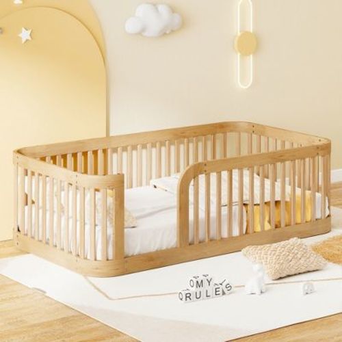 Twin Size Wood Platform Bed Frame With Fence And Rounded Corners, Natural-modernluxe