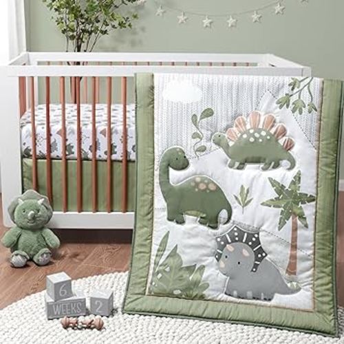 The Peanutshell Baby Crib Bedding Set for Boys, Dinosaur Nursery Decor, Camo Sage Green, Crib Comforter Set, 3 Pieces