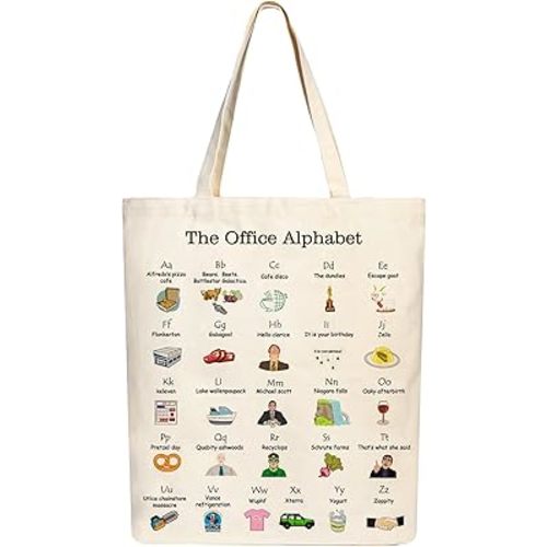 The Office Alphabet Tote Bag TV Show Merchandise Fans Kitchen Gifts Reusable Grocery Canvas Theme Presents for Office/Women/Sister, Shoulder/Travel/Work, White