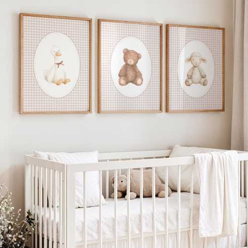 Nursery Print Set Animals, Cottagecore Gender Neutral Baby Room Prints, Bear, Goose, Lamb Wall Art Set of 3 Gingham Pattern