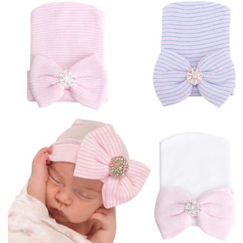 AQOKKA Newborn Baby Girl Hats with Bow No Scratch Cotton Toddler Infant Beanie Caps Soft Newborn Hospital Hat 0-3 Months