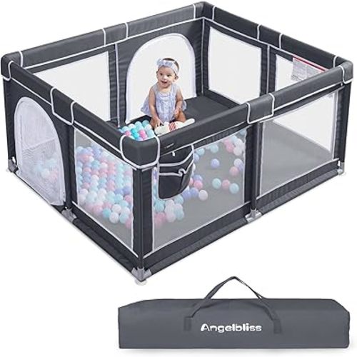 ANGELBLISS Baby Playpen, Extra Large Playard, Indoor & Outdoor Kids Activity Center with Anti-Slip Base, Sturdy Safety Play Yard with Breathable Mesh, Kid's Fence for Toddlers (Dark Grey, 50x50)