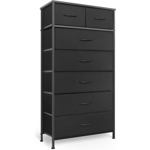 Tall Dresser for Bedroom, Vertical Storage Organizer Tower with 7 Drawers, Chest of Drawers with Fabric Bins, Steel Frame, Wood Top for Bedroom, Closet, Entryway- Black