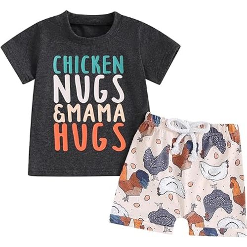 FIOMVA Toddler Baby Boy Farm Outfit 3 6 9 12 18 24Months 2t 3t Chicken Short Sleeve Top Shirt+Short Set Summer Clothes