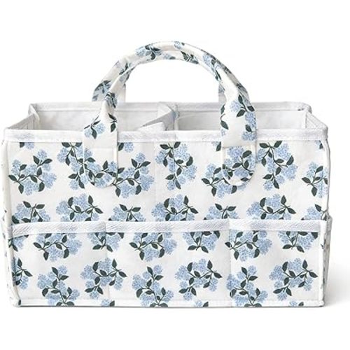 Floral Diaper Caddy Organizer with Removable Dividers Blue Flower Baby Nappy Caddy for Nursery/Car/Changing Table, Decorative Storage for Newborn Essentials Gift for New Mom