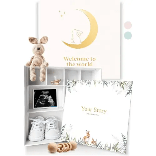 Baby Keepsake Box with Baby Memory Book - Baby Shower Gifts for Mom, Gender Reveal Gift Ideas - Cool Gifts for New Mom - Baby Journal Boy and Girl - Baby Books Keepsake First 5 Years, Scrapbook, Beige