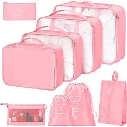 9 Set Packing Cubes for Suitcases,Packing Cube with Shoe, Cosmetics, Clothing, and Accessories Bags Packing Cubes for Travel Luggage Organizer Women Men(Pink)
