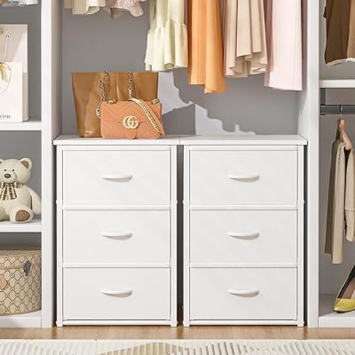 2-Pack Stackable Storage Drawers (6 Drawers Total), White Closet Drawers Organizer for Clothes with Wooden Top & Metal Frame, Freestanding or Stackable Dresser for Bedroom, Living Room, Under Bed