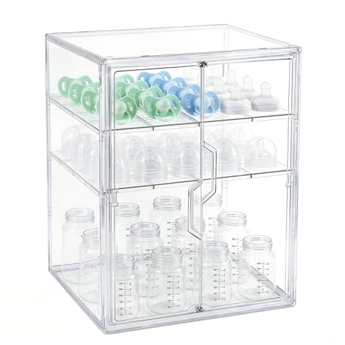ERTIUANIO Baby Bottle Organizer – 3 Tier Acrylic Bottle Storage Organizer Container, Clear Plastic Bottle Station Organizers Drawers with Double Magnetic Doors for Countertop Kitchen Vanity, Bathroom