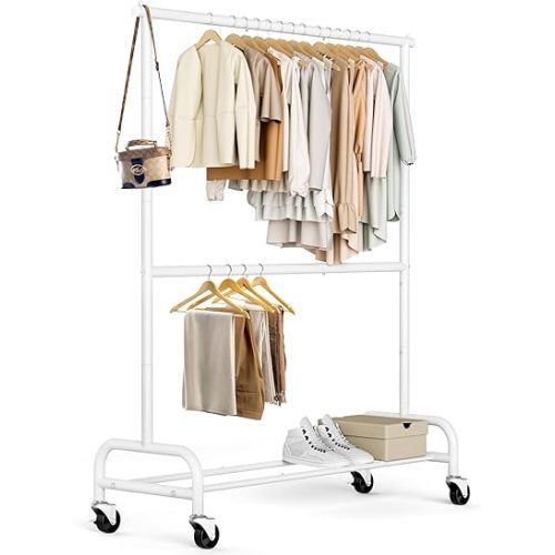 MISSLO Heavy Duty Clothing Racks for Hanging Clothes Rack Double Rod Garment Rack Rolling Closet Wardrobe Rack on Wheels, Metal, Adjustable (White)