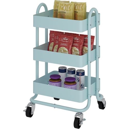 3-Tier Rolling Cart with Wheels,Kitchen Storage Carts or Metal Rolling Utility Cart with Handle,Movable Storage Organizer,Blue Carts for Nursery, Kitchen, Bathroom, Craft Room（13.4"x18.1"x31"）