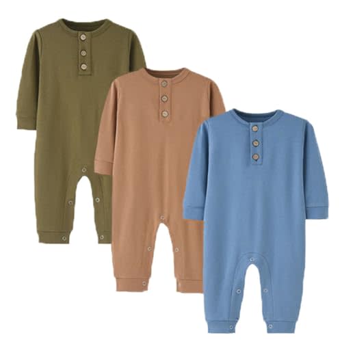 Bafeicao 3 Pack Unisex Newborn Baby Boy Girl Rompers Cotton Long Sleeve Button Jumpsuit One-Piece Clothes Outfits