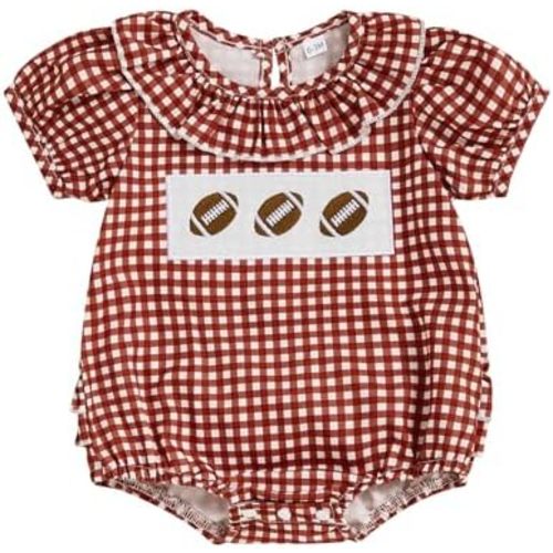 Newborn Baby Girl Football Outfit Smocked Bubble Romper Rugby Short Sleeve Plaid Bodysuit Infant Summer Clothes