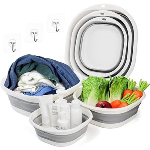 Goaste 3 Pack Collapsible Wash Basin, Portable Washing Basin, Foldable Dish Tub Square, Space Saving Plastic Washtub for Dishing, Fruit, Camping, Laundry, Hiking & Home (Grey)