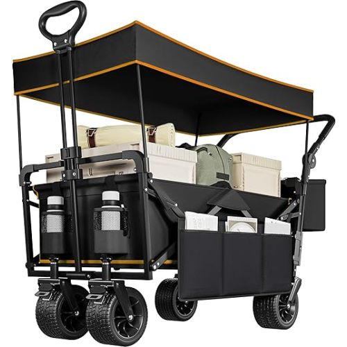 YITAHOME Large Collapsible Wagon w/Removable Canopy, Heavy Duty Outdoor Folding Wagon Cart w/Adjustable Handles and Flexible Swivel Wheels Utility Wagon for Camping, Shopping, Sports, Beach - Black