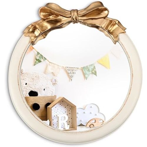 18 Inch Nursery Mirror, Bow Wall Mounted Mirror for Girl Princess Nursery Decor Decorative Vintage Mirror Girls Mirror for Bedroom