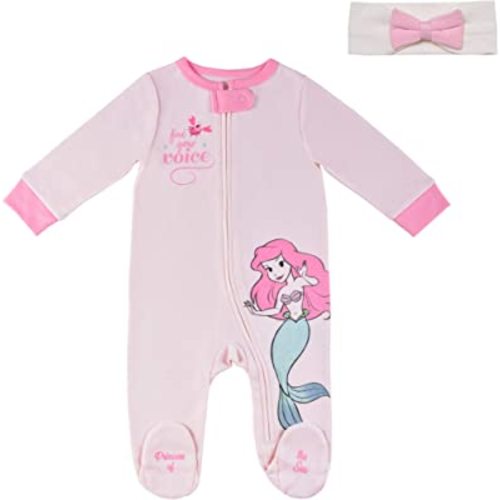 Disney Princess Girls’ Long Sleeve Footed Romper Coverall With Bow Headband for Newborn – Pink/White