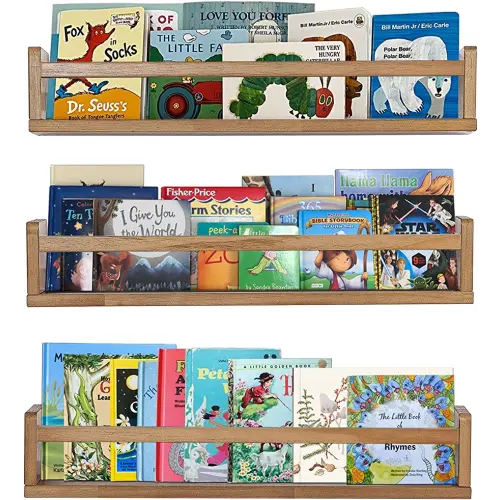 AZSKY Nursery Shelves Light Walnut Floating Book Shelf Organizer for Baby Nursery Décor Wall Book Shelves for Kids Room 24 Inch Wood Wall Ledge Shelves for Bathroom Kitchen Spice Rack a Set of 3