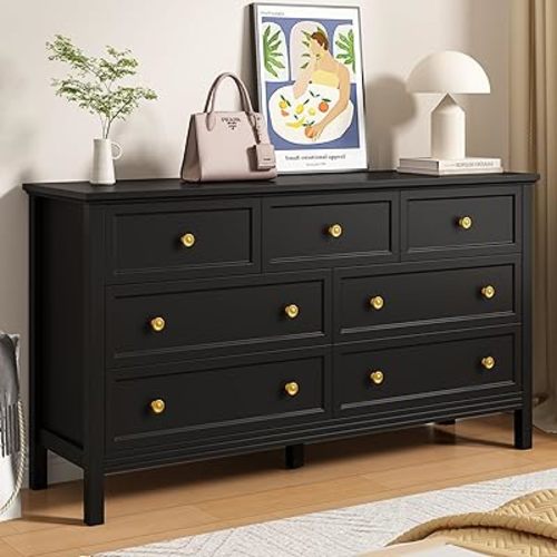 LYNSOM 7 Drawer Black Dresser for Bedroom, 55" Wood Dresser with Gold Handles, Wide Modern Dresser & Chest of Drawers for Hallway, Entryway