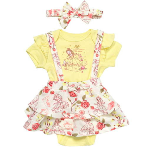 Disney Princess Belle Infant Baby Girls Bodysuit French Terry Jumper and Headband 3 Piece Outfit Set Newborn to Infant