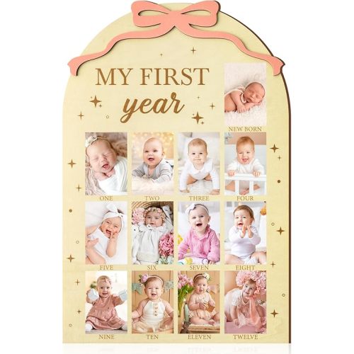 R HORSE My First Year Photo Frame Board, 3D Coquette Pink Bow Display Wood Board, Baby’s First Year Picture Frame, 12 Months Milestone Board 1st Birthday Frame Nursery Decor Keepsake Gift for Boy Girl