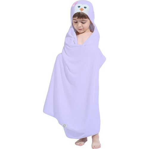 HIPHOP PANDA Hooded Towel for Kids - Viscose Derived from Bamboo, 30 X 50 INCH Large Size for 3-10 Yrs - Premium Kids Bath Towel Beach Towels Wrap for Girls, Boys, Purple Penguin