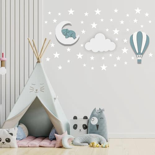 Dreamy Skies Nursery Wall Set – Elephant on Moon, Hot Air Balloon & Star Stickers (Blue Theme)