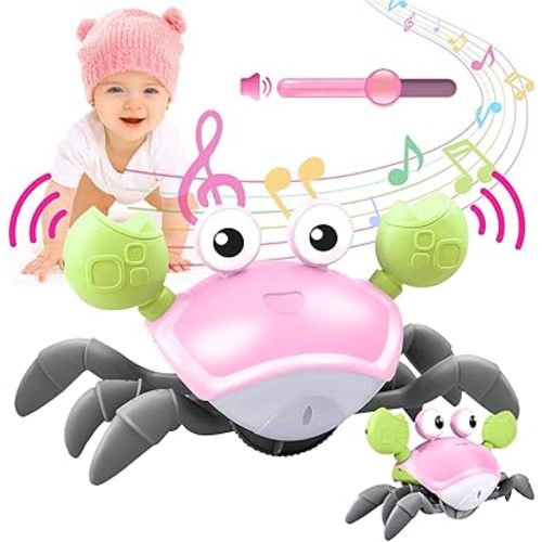Crawling Crab Baby Toy - Tummy Time Toys - with Music and LED Light,Built-in Rechargeable Battery and Adjustable Volume for 0-6 6-12 12-18 36 Months Walking Toddler Birthday Gift(Pink)
